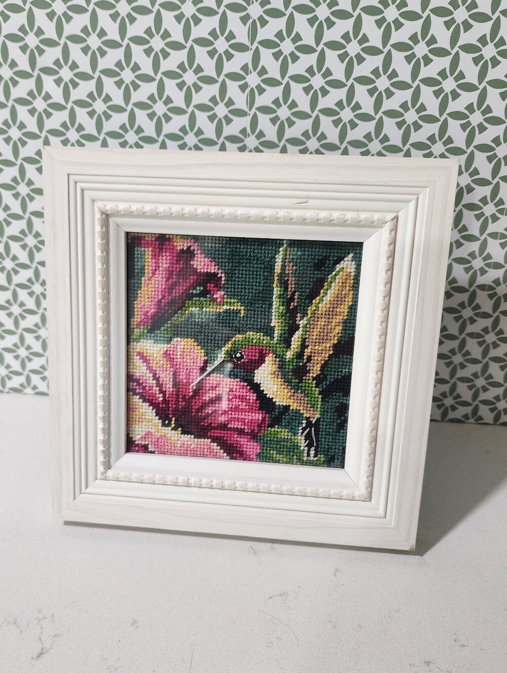 Framed Hummingbird Cross-Stitch Wall Art - Pink & Green